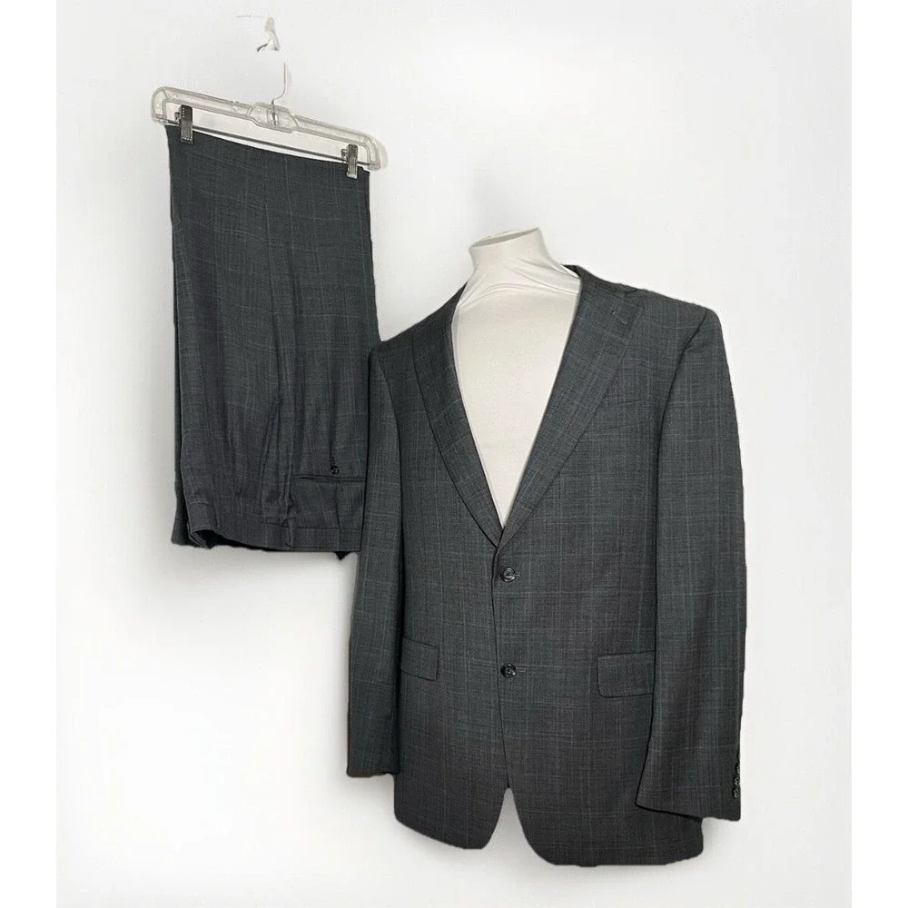 Hart Schaffner Marx Suit Mens 42L Grey Glen Plaid 2-Piece Pleated Cuffed USA